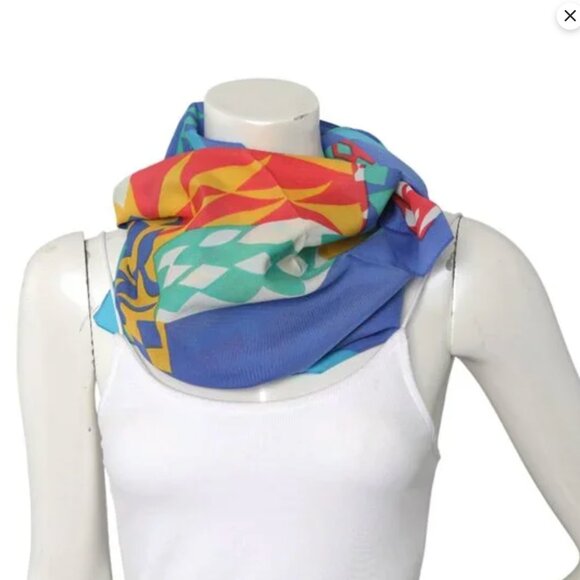 Vintage Geometric Print  Square Scarf Wrap Shawl Kaleidoscope Abstract Blue Red - Picture 4 of 5